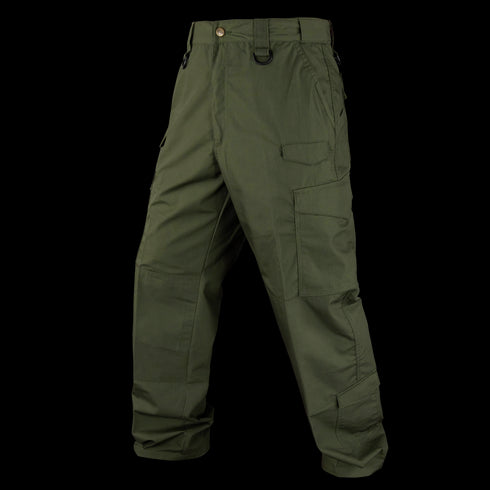 The Condor Sentinel Tactical Pants Plus Size in olive green feature multiple pockets, belt loops, and reinforced knees, perfect for bushcraft adventures. Displayed on an invisible mannequin against a white background.